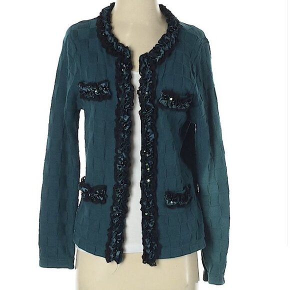 NEW Michael Simon 3D Check Pattern Beaded Cardigan - Picture 1 of 13